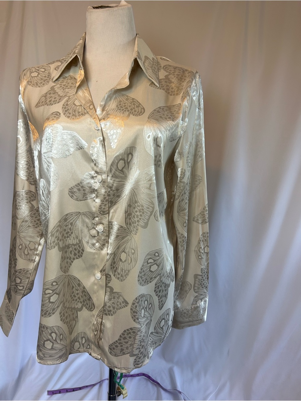 SHEIN Champagne Satin Butterfly-Print Button-Up Blouse